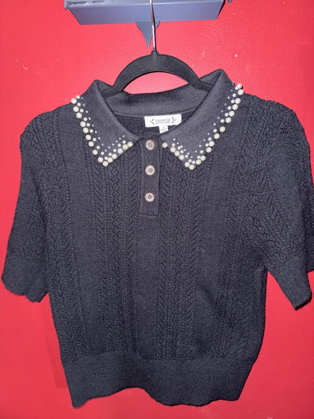 Nanette Leopore Adorable Pearl Collar Black Knit Polo Top